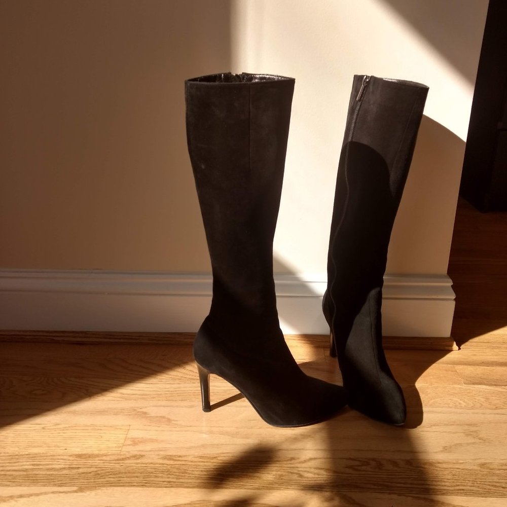 Genuine Suede Black Knee High Heeled Boots